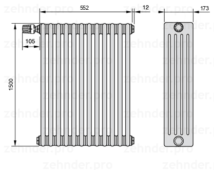 Схема (чертеж) Радиатор Zehnder Charleston 5150/12 №V011 Белый глянцевый RAL 9016